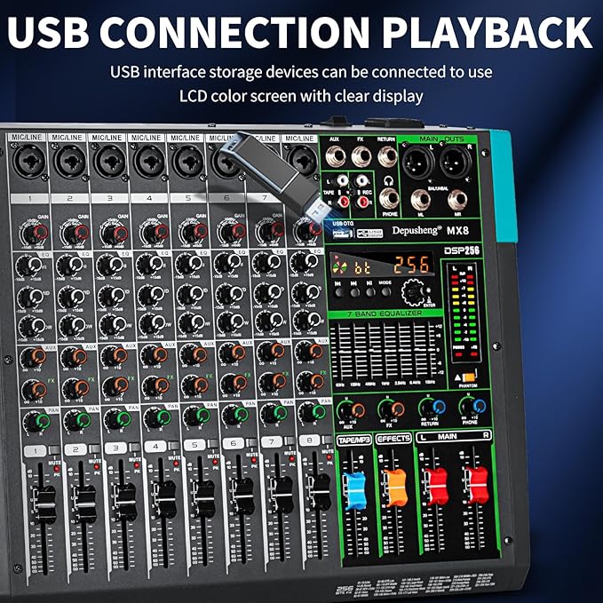 Depusheng MX8 8 Channel Sound Mixer Audio Mixing Console 48V 256DSP - Image 4