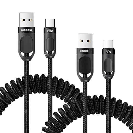 Coiled USB A to USB C 2Pack 3FT Braided Retractable Fast Charging Cable by toocki