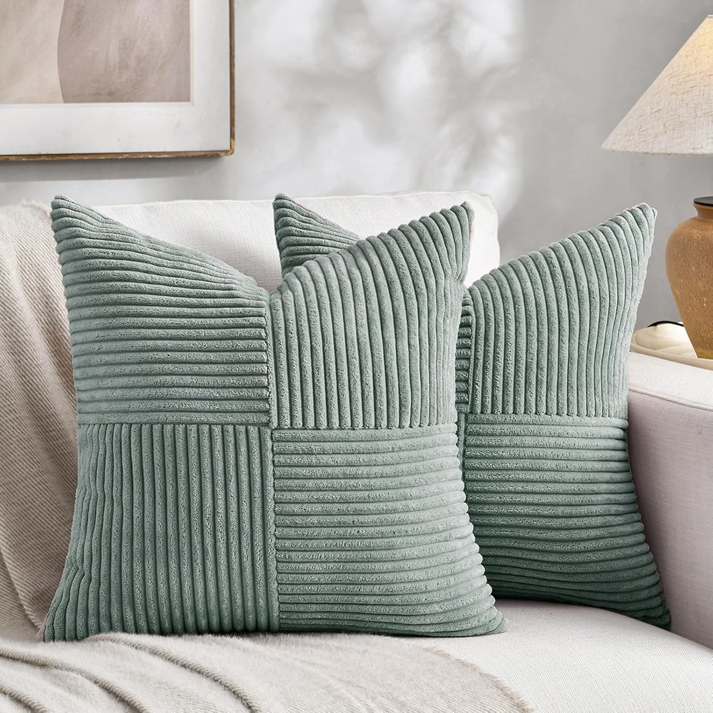 Fancy Homi 2 Packs Grey Blue Decorative Throw Pillow Covers 22x22 Inch for Couch Bed Sofa, Rustic Farmhouse Boho Home Decor, Soft Corss Corduroy Patchwork Accent Square Cushion Case 55x55 cm