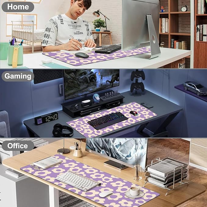 Purple Groovy Flowers Desk Mat, Large Vintage Floral Gaming Keyboard Mouse Pad - Image 7