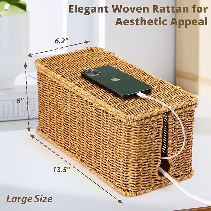 Large Cable Management Box, Handwoven Imitation Rattan Cord Organizer Cord - Image 2