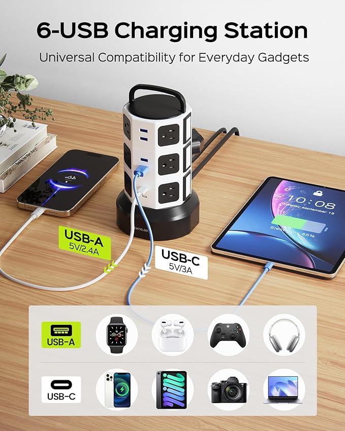 【10ft】 Power Strip Tower JACKYLED Surge Protector Electric Charging Station - Image 5