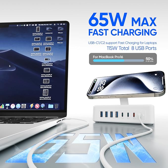 115W USB Charging Station Power Strip, 11-in-1 USB C Charger Block, 2AC Outlets - Image 3
