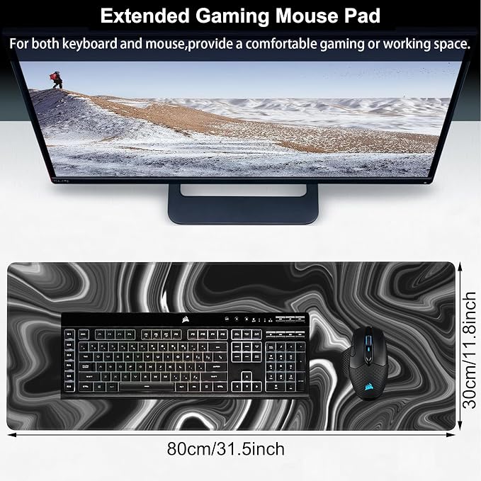 Black and White Marble Desk Mat, Large Marble Ink Texture Gaming Keyboard Mouse - Image 2