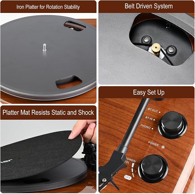Vinyl Record Player with Bluetooth Input Output, Turntable with Built-in Preamp - Image 6