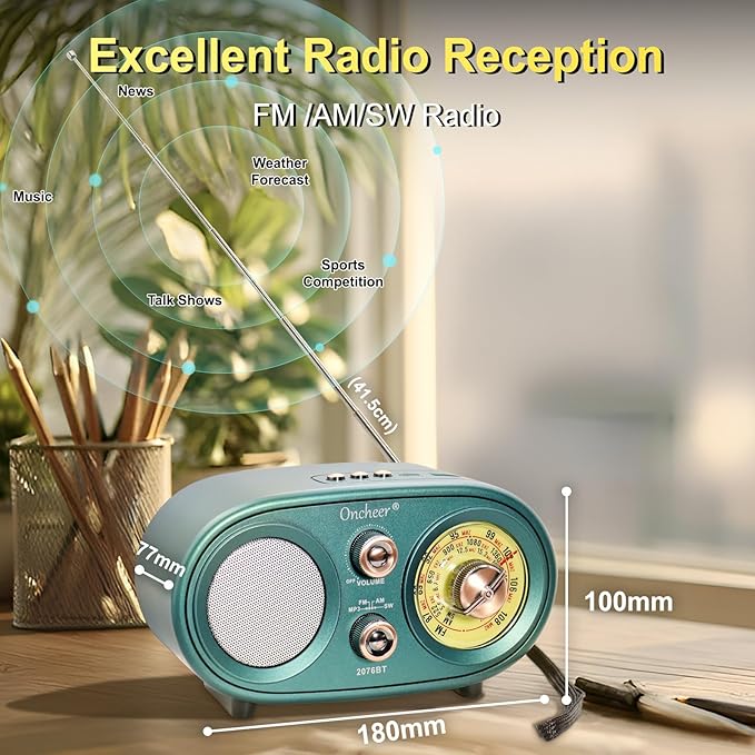 Oncheer Portable Retro Vintage Bluetooth Speaker Radio, FM/AM/SW 3 Band - Image 5