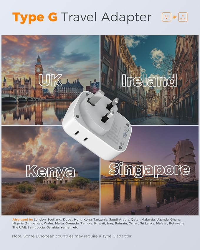 Type G Adapter for Travel 3 Pack, TESSAN US to UK Plug Adapter - Image 2