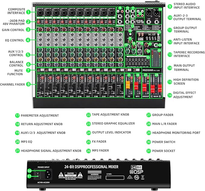12 Channel Audio Mixer Professional Sound Mixing Board - Image 8