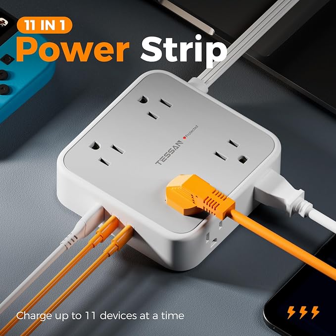 Surge Protector Power Strip, TESSAN Flat Plug Extension Cord - Image 2