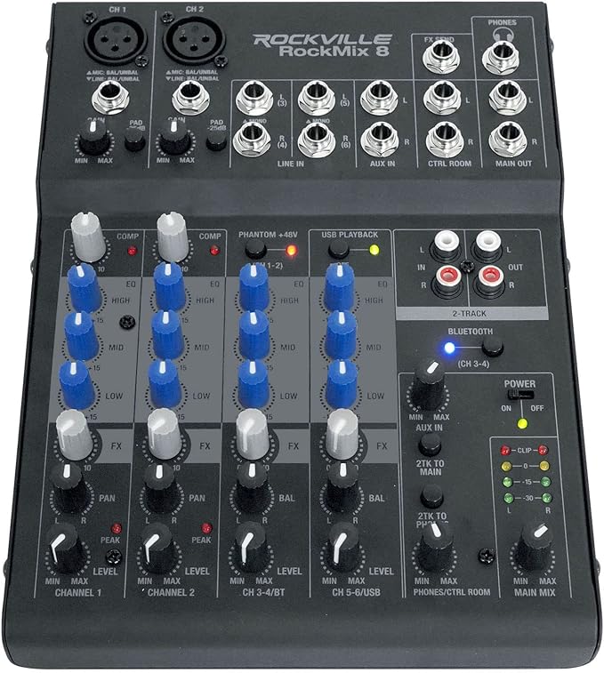 Rockville ROCKMIX 8 Channel Mixer, USB Recording Interface, Compressor - Image 2