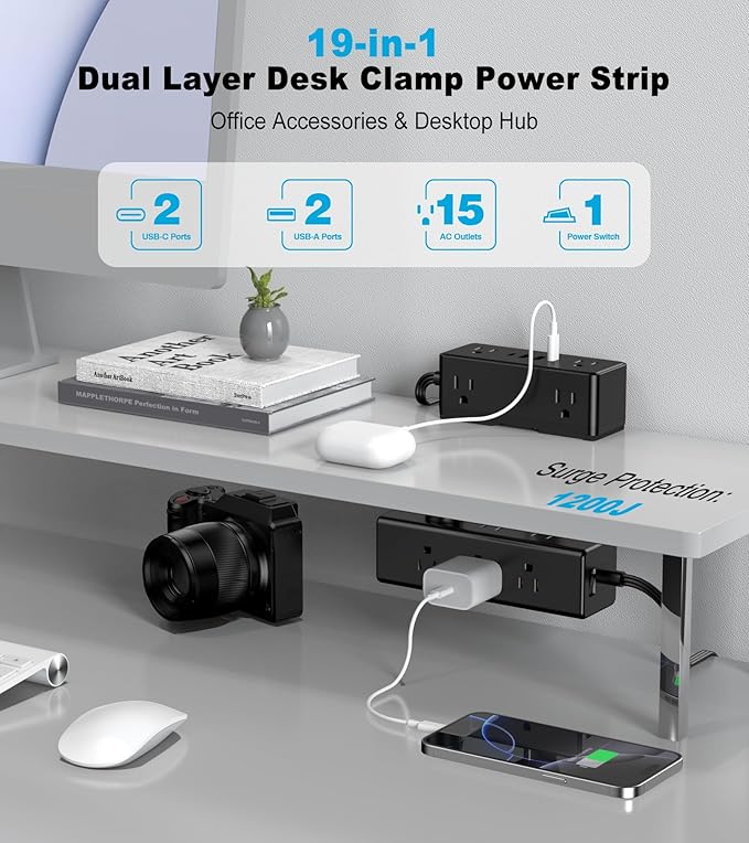 Dual Layer Desk Clamp Power Strip, Desktop Edge Mount Surge Protector - Image 2