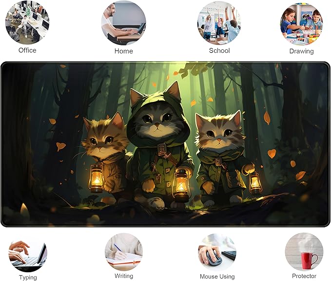 Forest Cats Desk Mat Anime Cat Desk Pad Cute, Kawaii Green Mouse Pad XXL - Image 6