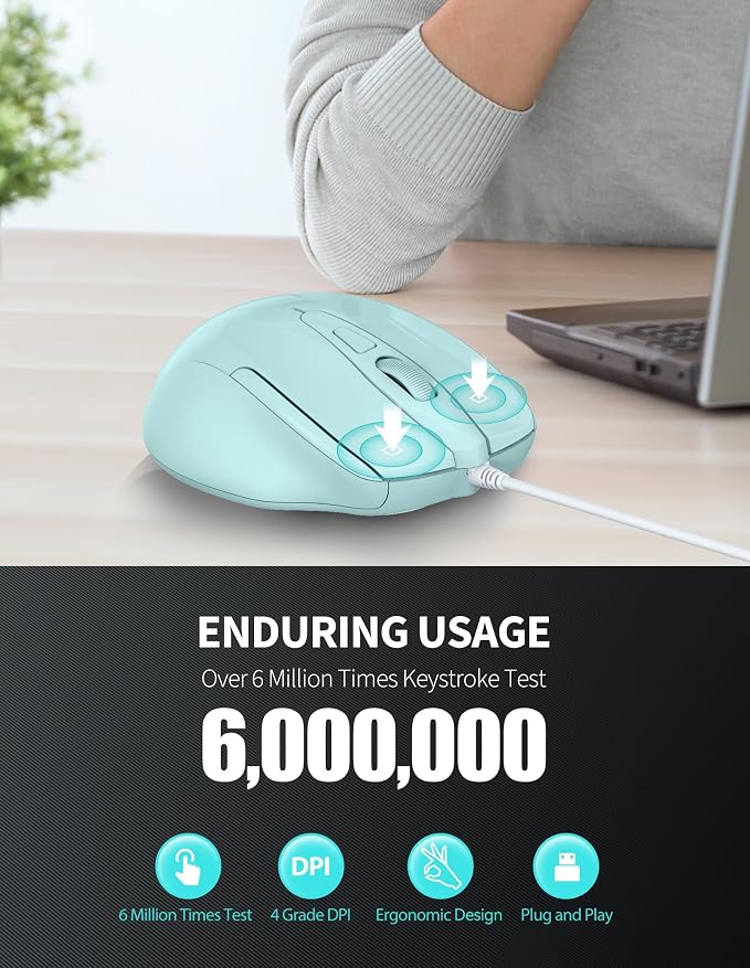 TECKNET Wired Mouse, 6-Button Corded - Image 5