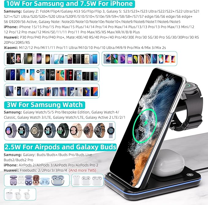 Wireless Charger for Samsung, 3 in 1 Fast Charging Station for Samsung Galaxy - Image 2