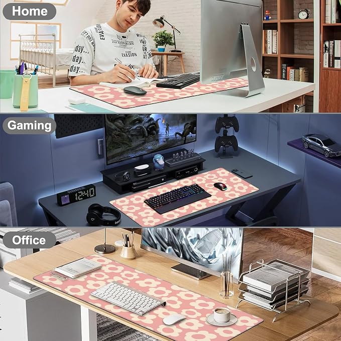 Mouse Pad, Large Pink Groovy Flowers Desk Mat, Extended Non-Slip Gaming - Image 7
