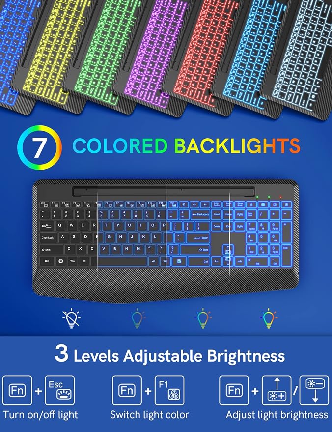 Wireless Keyboard with 7 Colored Backlits, Wrist Rest, Phone Holder, - Image 2