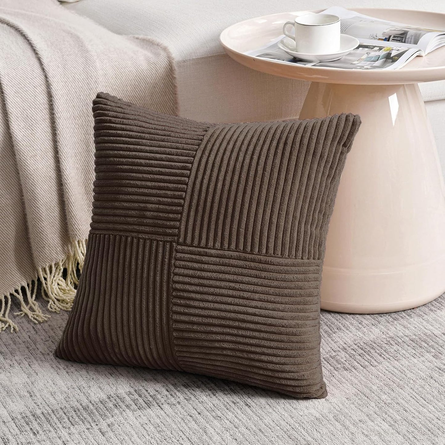 Fancy Homi 2 Packs Dark Brown Decorative Throw Pillow Covers 16x16 Inch for Living Room Couch Bed Sofa, Rustic Farmhouse Boho Home Decor, Soft Corss Patchwork Corduroy Textured Cushion Case 40x40 cm