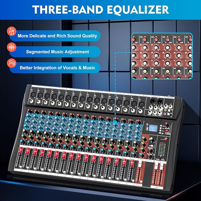 16 Channel Audio Mixer, Mixing Console Sound Mixer DJ Sound Controller - Image 2