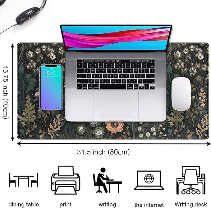 Dark Flower Desk Mat Floral Plants Mouse Pad, Aesthetic Wildflowers Large - Image 2