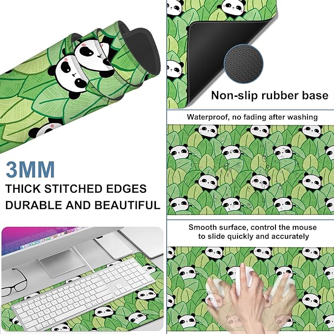 Panda and Leaves Gaming Mouse Pad 3mm Thick Stitched Edge Waterproof Non-Slip - Image 2