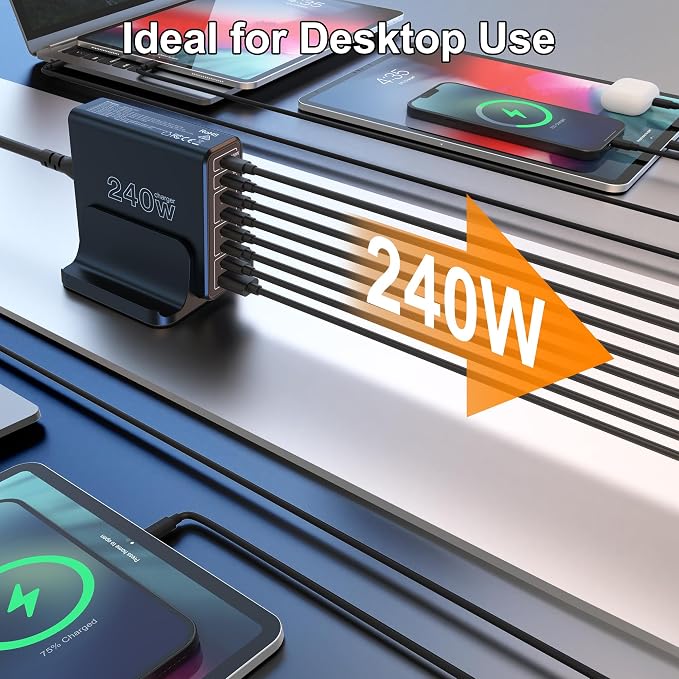 URVNS 240W USB C Charger, 8-Ports Compact GaN PD 100W PPS 45W QC20W Multiport - Image 5