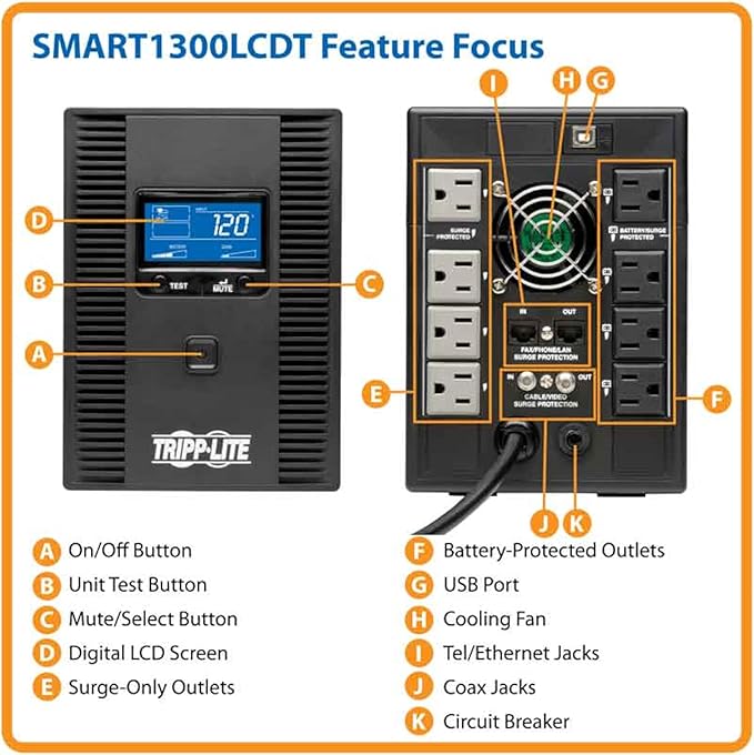 Tripp Lite SMART1300LCDT 1300VA UPS Battery Backup, LCD Display, 8 Outlets - Image 3