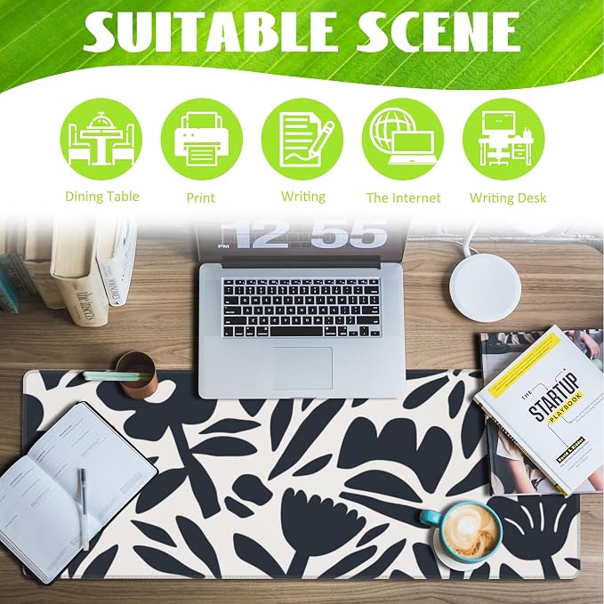 Desk Pad, Hand Drawn Leaves and Flowers Desk Mat, Abstract Plant Large Gaming - Image 3