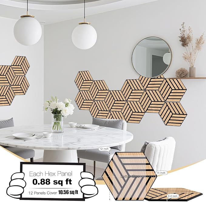 Mollywell Hexagon Acoustic Panels, Natural Oak TH4, 12 Pack |Wood Veneer|High - Image 2