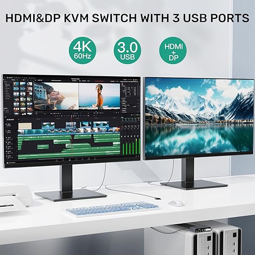 HDMI Displayport KVM Switch, 2 Computers 2 Monitors 4K@60Hz KVM Switcher Dual - Image 3