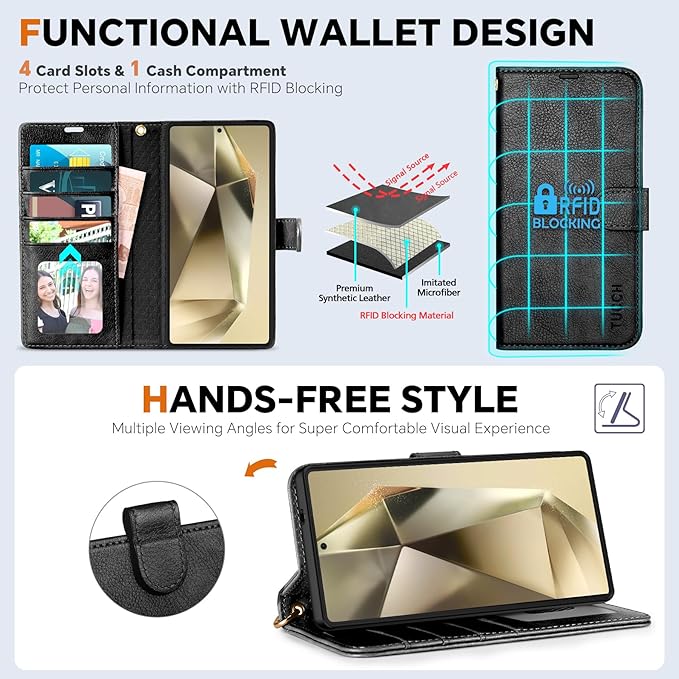 TUCCH Wallet Case for Galaxy S25 Ultra, 2 in 1 Wrist Strap RFID Blocking 4 Card - Image 5