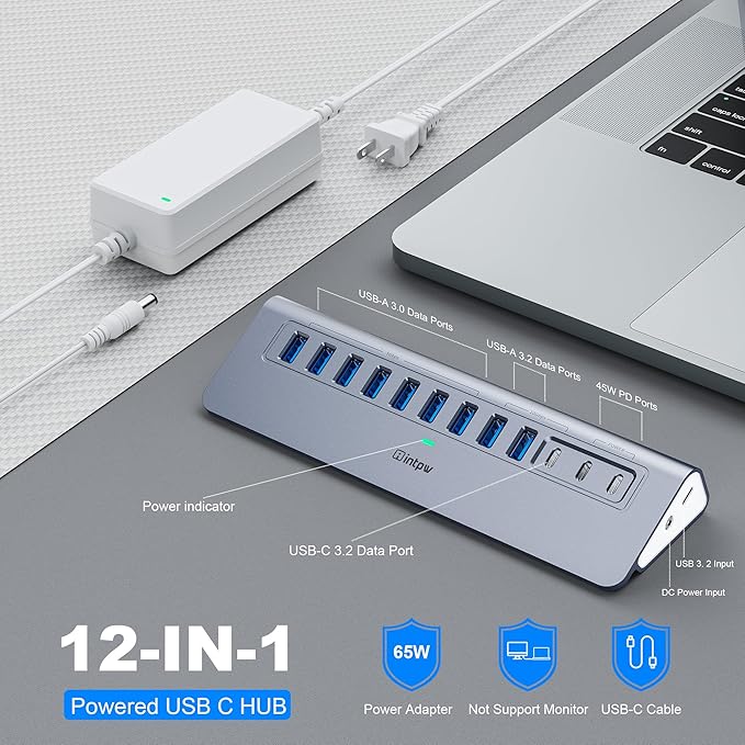 Powered USB Hub 10Gbps, intpw YH9AC 12-Port USB Splitter - Image 2