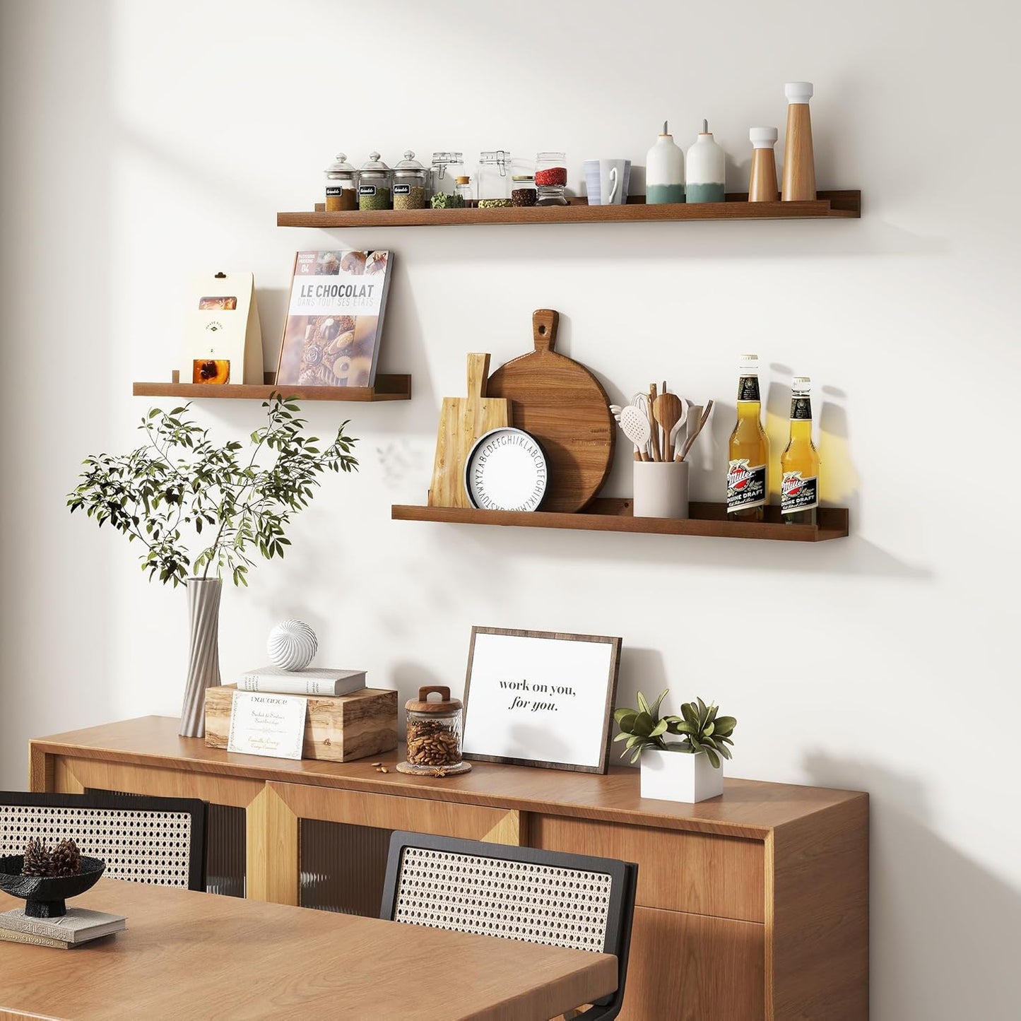 Picture Ledge Wall Shelves 24 inches Width Set of 3, Solid Pine Wood Rustic Floating Ledge Shelves for Wall for Kids' Room Bedroom Kitchen Bathroom Living Room Nursery Display Wall Decor, Walnut