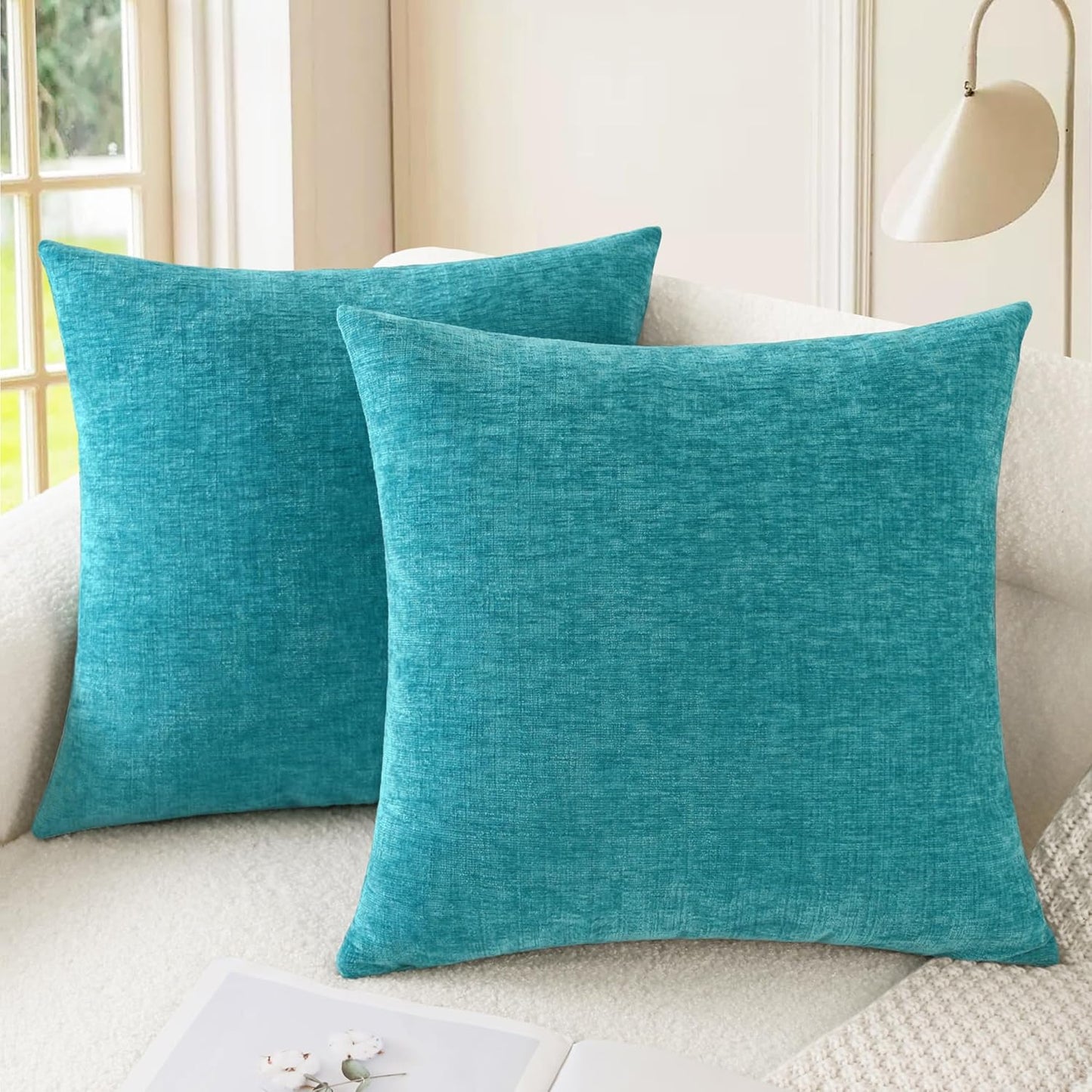 CaliTime Throw Pillow Covers Decorative 26 X 26 Inches Pack of 2 Cozy Chenille Cushion Cases for Couch Sofa Bed Living Room Home Lake Blue