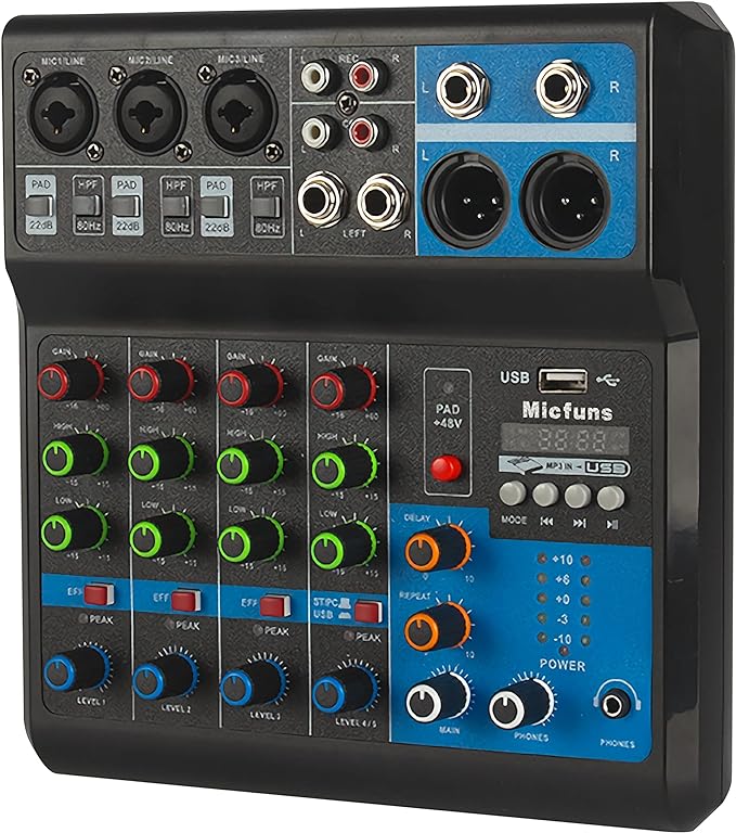 Mini audio DJ mixer Sound Board Console System, 5 Channel 48V Phantom Power by micfuns