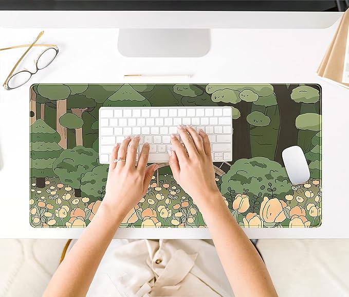 Anime Forest Desk Mat, Cute Green Mouse Pad, Kawaii Aesthetic Full Desktop Pad - Image 6