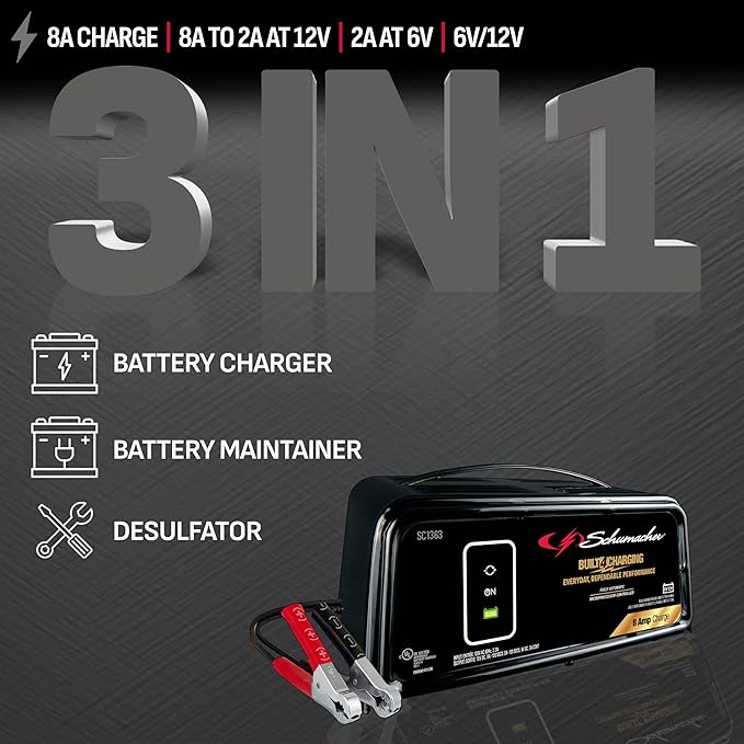 Schumacher Electric 8A Car Battery Charger and Maintainer, 3-in-1 Solution - Image 2