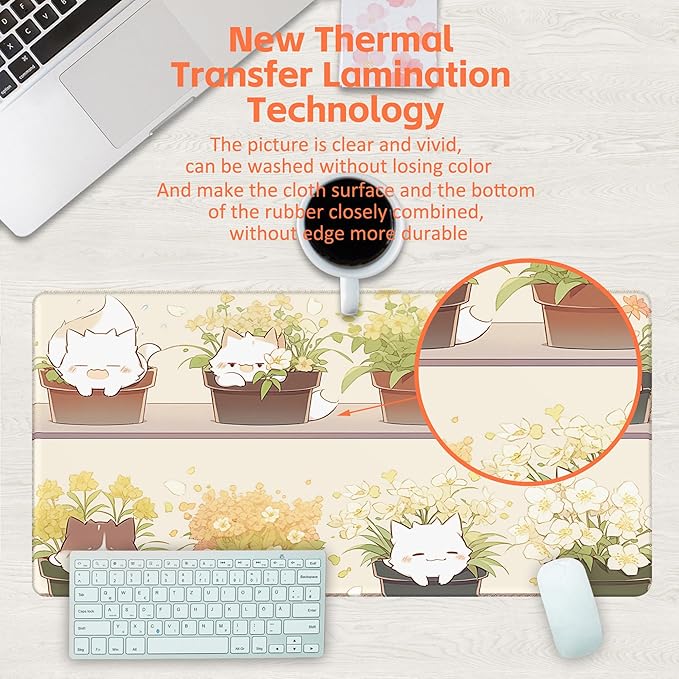 Desk Pad, Cute Cat Potted Plant Desk Mat, Anime Kawaii Cat Large Gaming Mouse - Image 4