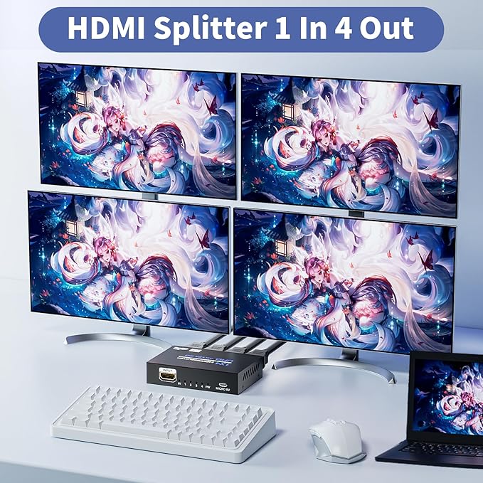 HDMI Splitter 1 in 4 Out 4K@30Hz, Powered 1x4 HDMI Video Splitter 4 Ports - Image 2