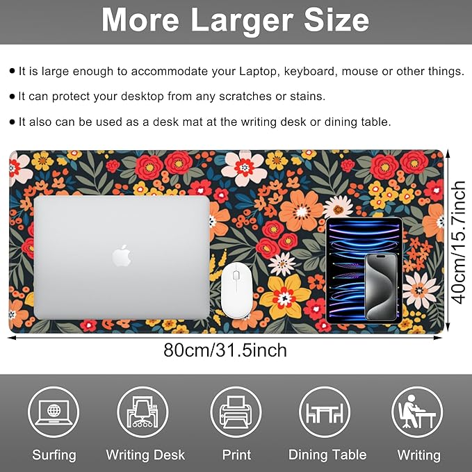 Mouse Pad, Large Colorful Flowers and Plants Desk Mat, Extended Non-Slip Gaming - Image 2