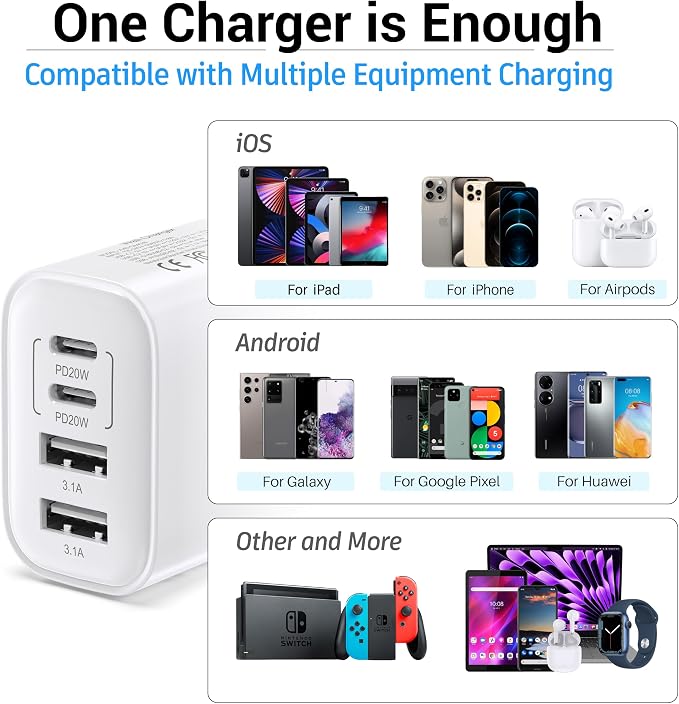 TT&C USB C Block 40W, 4 Ports Wall Plug Fast Charging Block, PD+QC Multiport - Image 5