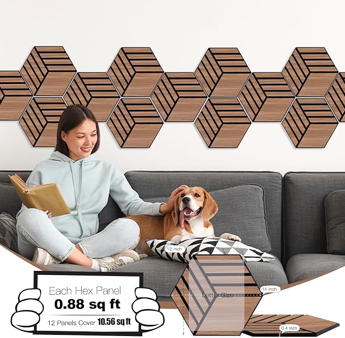 Mollywell Hexagon Acoustic Panels, Walnut TW4, 12 Pack |Wood Veneer|High - Image 2