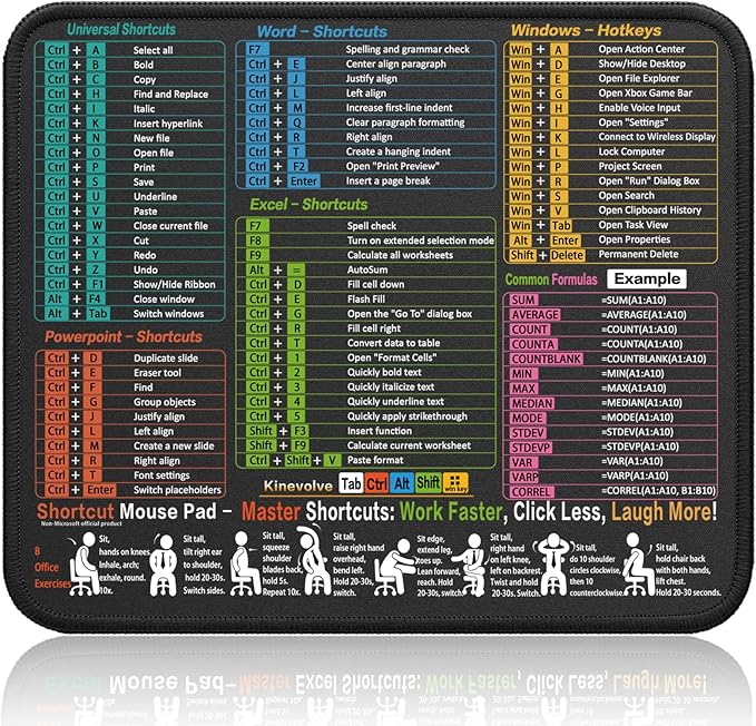Mouse Pad for Excel/Word/PowerPoint/Windows Shortcuts – Small Excel Cheat Sheet by Kinevolve