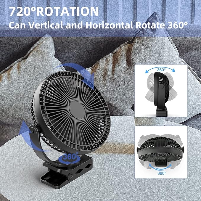 Clip Fan, 8 Inch Mini Quiet Desk Fan, 10000mAh USB Rechargeable Battery - Image 2
