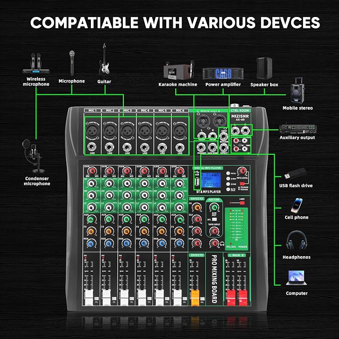 6 Channel Audio Mixer, Professional DJ Mixer Board Sound Music Mixing Console - Image 8