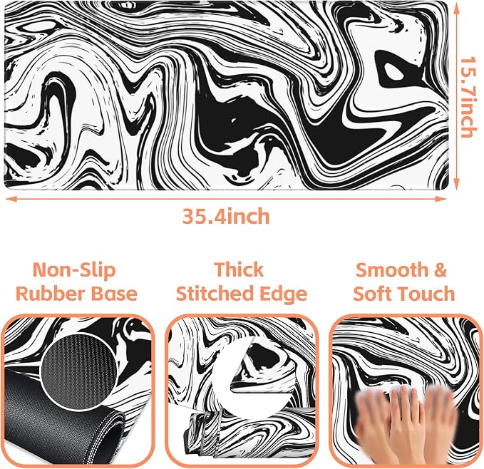 Mouse Pad Large Black and White Fluid Non-Slip Gaming Desk Mat - Image 3