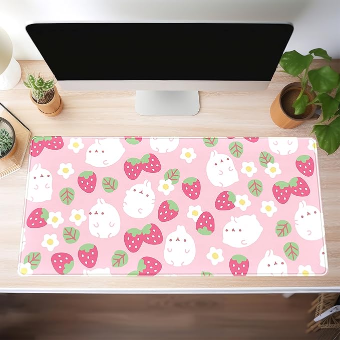 Pink Kawaii Desk Mat, Strawberry Field Desk Pad Large, Extended Mouse Pad Cute - Image 3