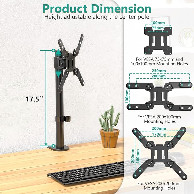 WALI Single Monitor Mount for 1 Computer Screen up to 42 inch, Fully Adjustable - Image 4