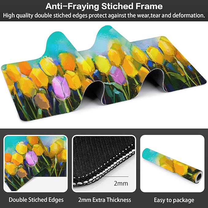 Tulips Flowers Desk Mat, Large Yellow and Violet Tulip Flowers Gaming Keyboard - Image 3