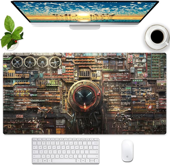 Futuristic Fantasy Mouse Pad, Cyberpunk Style Desk Mat, Extended XL Gaming by Cindasun