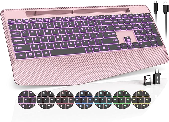 Wireless Keyboard with 7 Colored Backlits Wrist Rest, Phone Holder, by Trueque